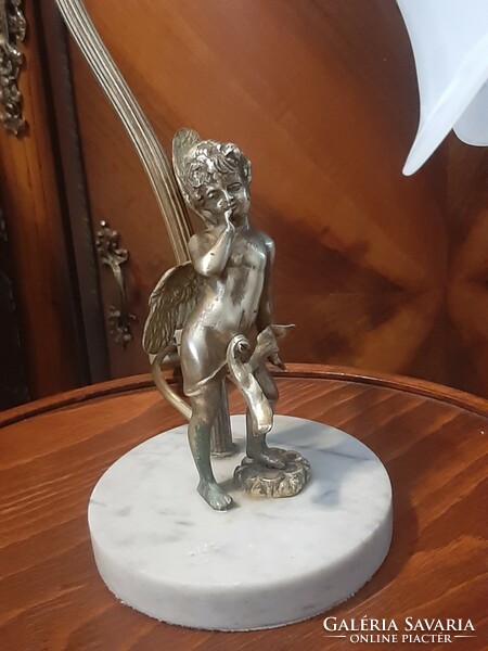 Beautiful antique copper putto table lamp with a marble base and original intact glass shade