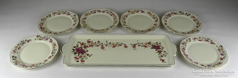 1R787 butter colored Zsolnay porcelain cake set with flower pattern