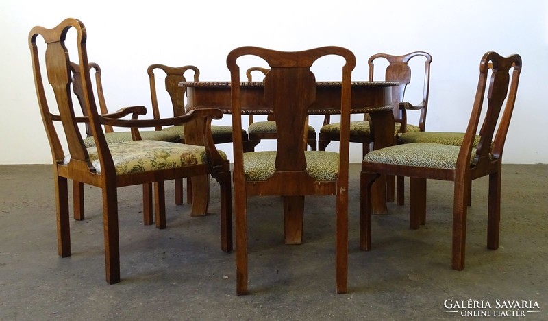 1R263 Antik intarziás kihúzható étkezőgarnitúra asztal + 8 szék