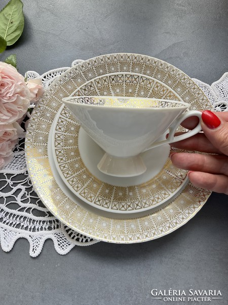 Csodás gyűjtői art deco kézzel aranyozott rózsás Bavaria reggeliző teás csésze trió