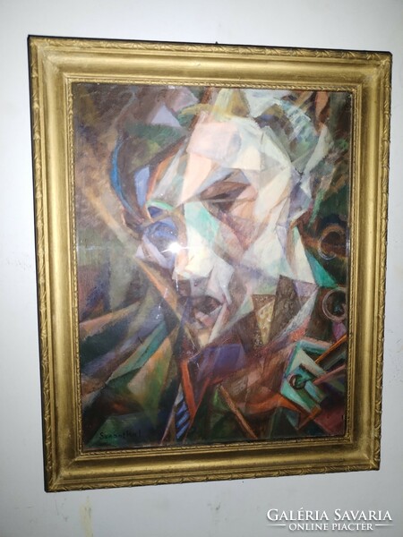Old oil painting, cubist portrait on canvas, attributed to a famous Hungarian painter. Signed.