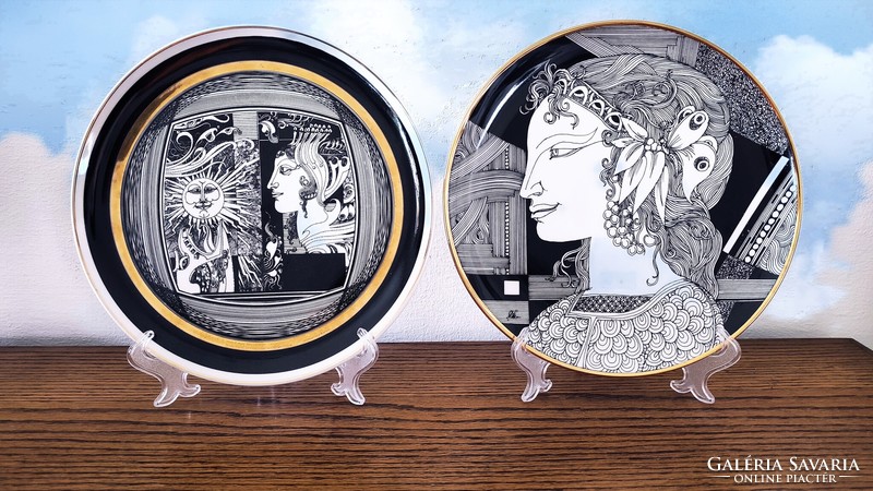 2 pcs of large flawless Saxon Endre Hólloháza gilded porcelain wall plate / decorative plate