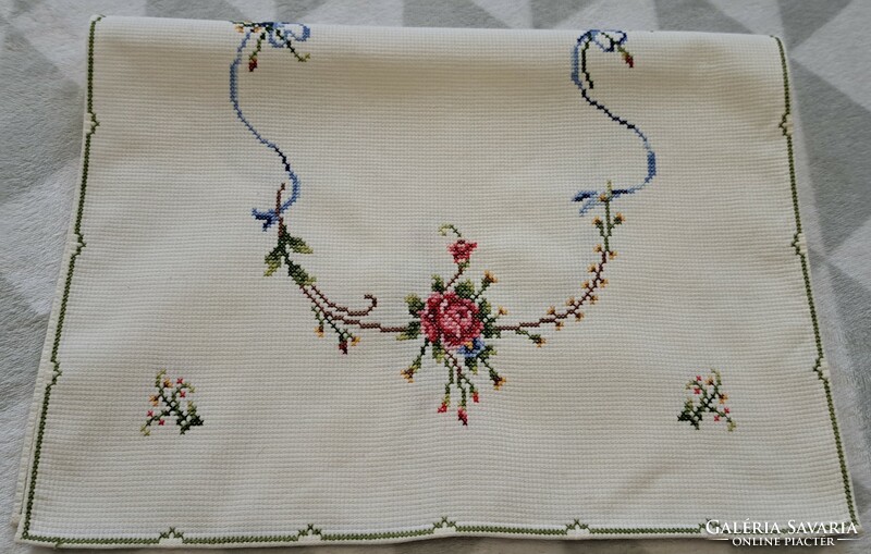 Tablecloth with pink cross stitch embroidery, placemat (m4672)