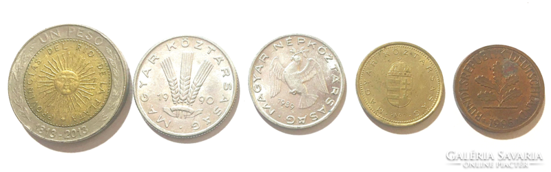 5 db fém pénz érme 10 20 fillér 1 forint argentin 1 peso 200 éves évfordulós 1813 -2013. 1 pfennig