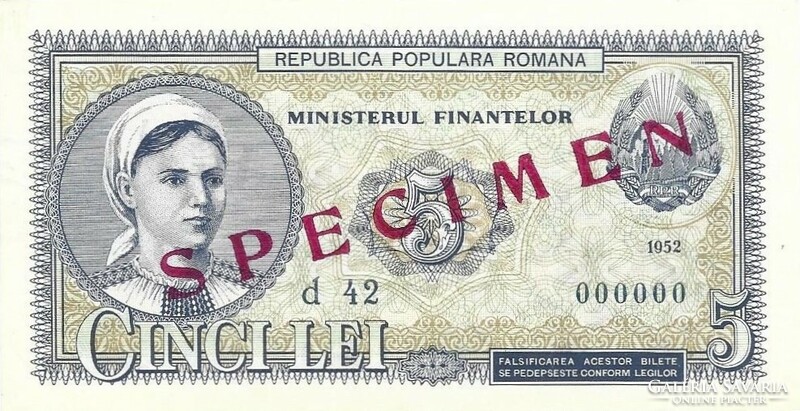 5 lei 1952 Románia 000000 MINTA SPECIMEN  UNC Ritka