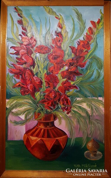 A bouquet of oil paintings of gladiolus with the title Only from love for sale (artwork by art teacher Miklós Tóth)