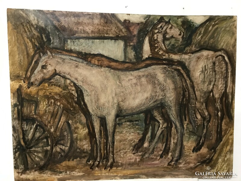 Waiting horses, with a cart. Large oil painting, marked! Signó is waiting to be deciphered!!!
