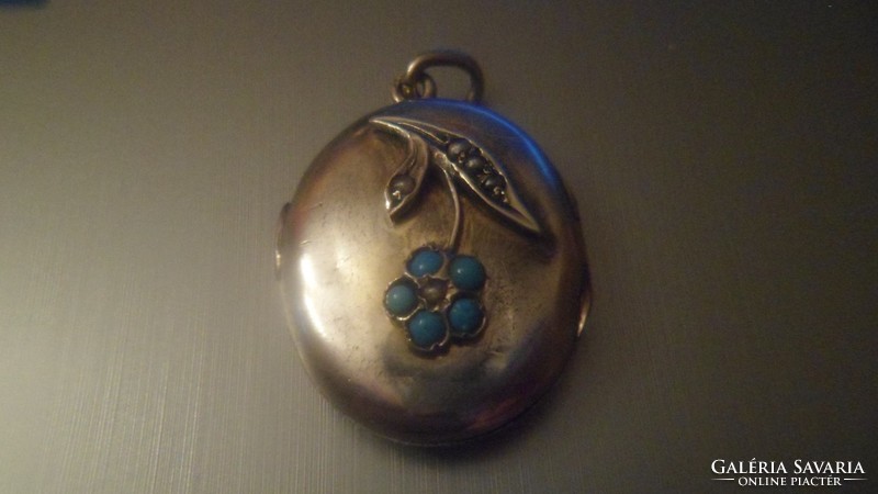 Antique silver photo holder pendant / turquoise