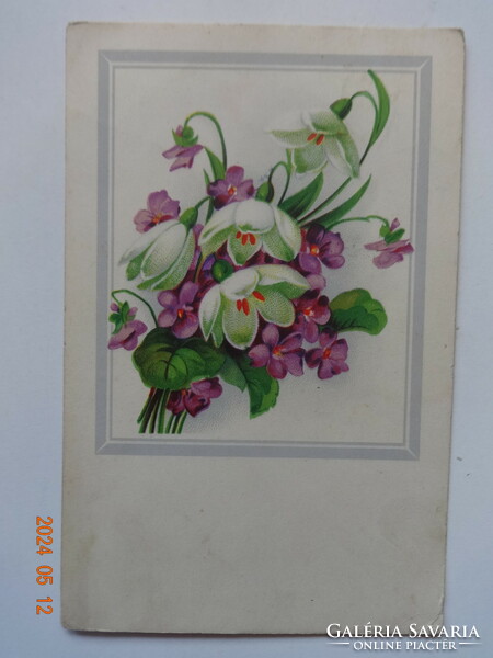 Régi grafikus virágos üdvözlő képeslap, hóvirág és ibolya