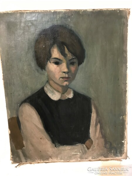 Portrait of a young girl, signed oil/canvas painting. 1930s? Signó waiting to be deciphered. Double sided!