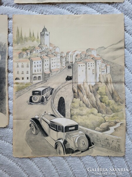 Four car graphics/drawings - wonderful 1931.
