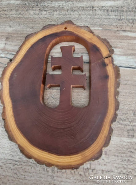 Old unique woodcarving work, handmade double cross 12 x 10 cm carved into a piece of wood