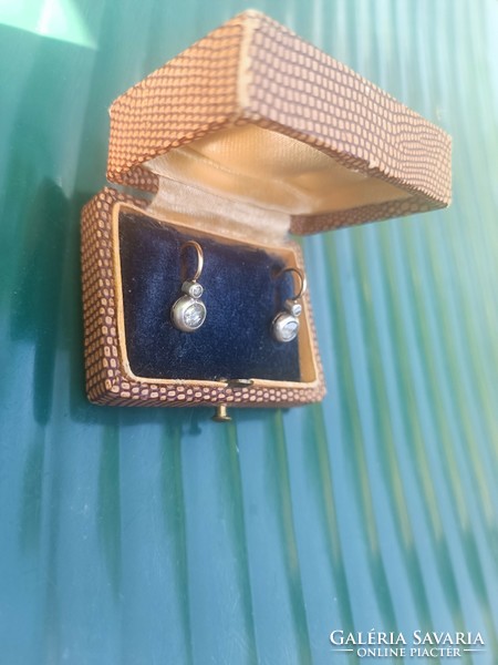Antik arany 14k buton fülbevaló pár holland gyèmantokkal dobozban