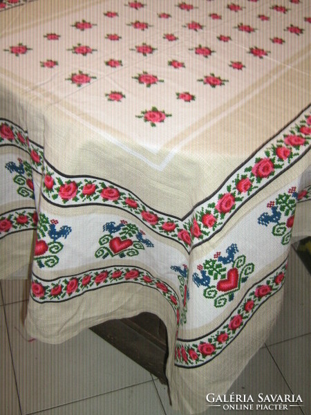 Beautiful antique vintage rosy woven tablecloth