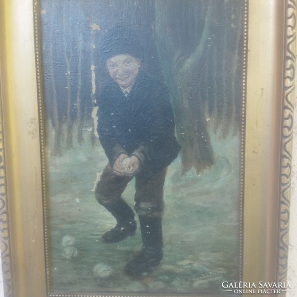 Old oil painting. Frici Szabó, a snowball boy. After Peske g.