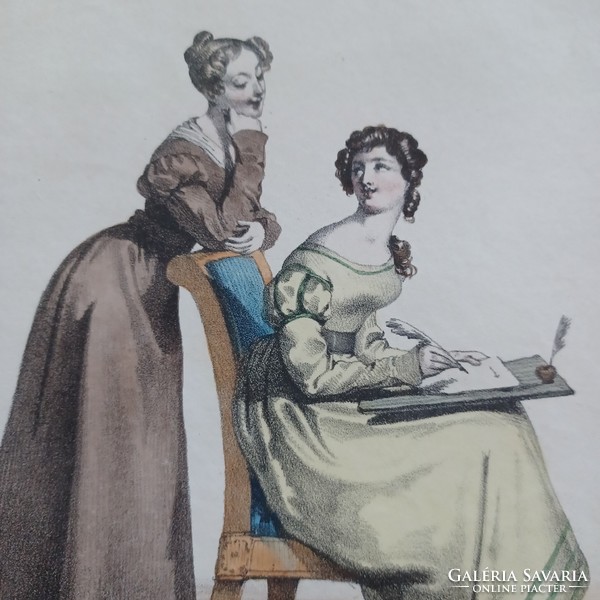 French fashion drawing from the early 1800s, colored lithograph