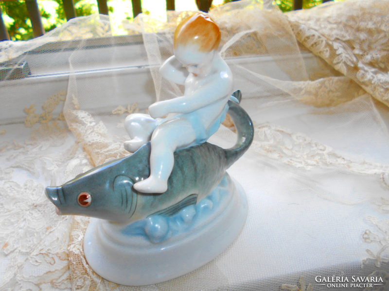 Herend vitrine figure - putto on top of a fish