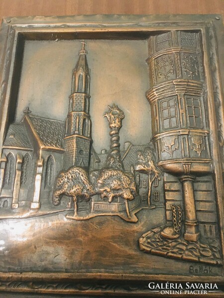Bronze wooden framed wall decoration/relief, Sopron street scene, bells