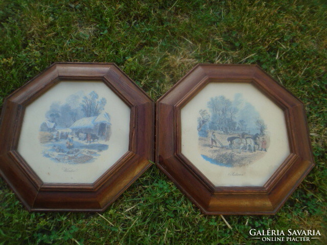2 linden picture frames (polygon shape) with glass panels, in which etching? Print? Found the frame is the point
