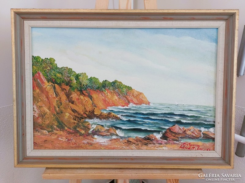 (K) beautiful signed landscape painting beach 69x49 cm with frame