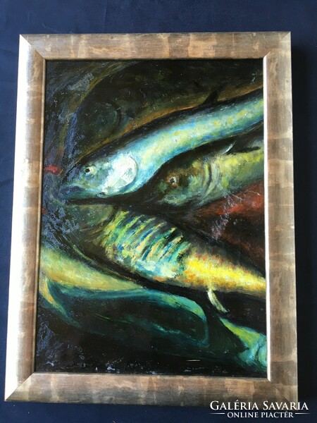 Oil painting depicting fish.