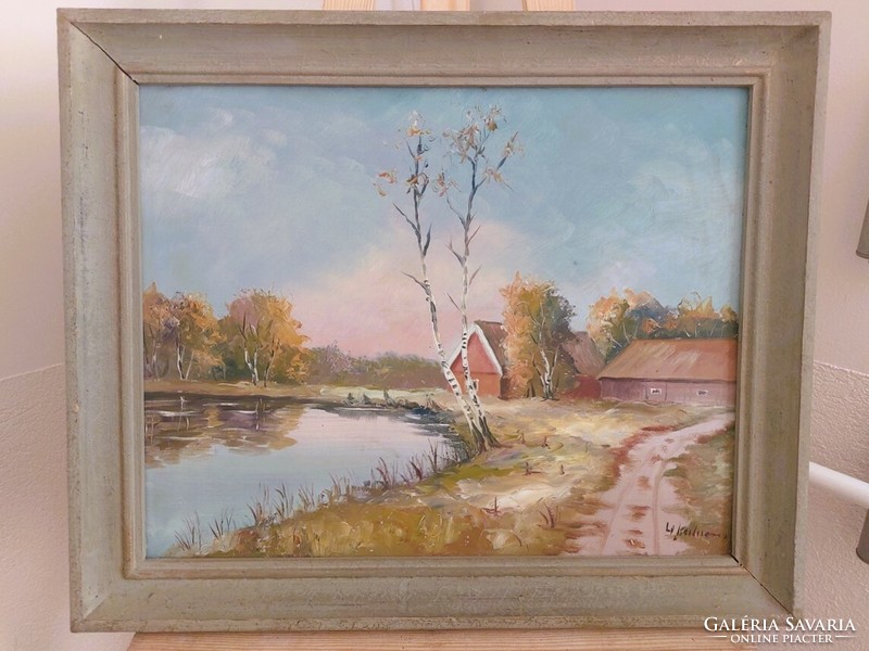(K) signed landscape painting with small house 59x50 cm frame