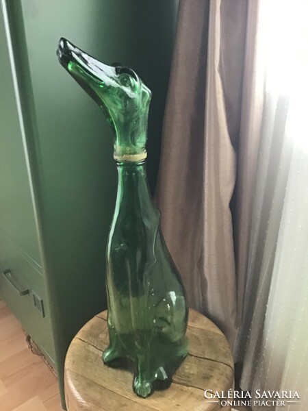 Old Italian Empoli green decanter, greyhound-shaped wine bottle glass from 1960