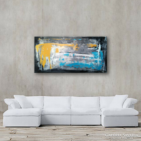 Vörös Edit :Blue Yellow Gray Modern Abstract 150x75cm