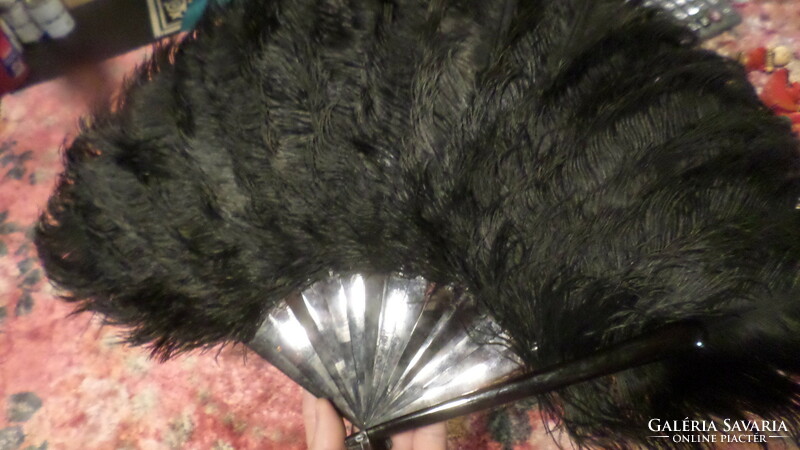 Black ostrich feather fan, maybe turtle shell (or effect..) With stem part. Old piece.