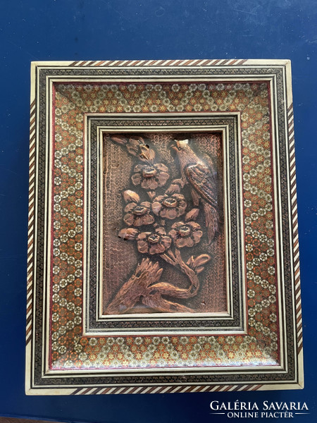 Persian hand-engraved copper relief khatam micromosaics in inlaid frame