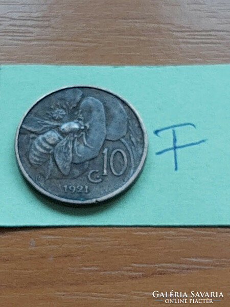 Italy 10 centesimi 1921 r, bee, iii. Viktor émánuel, copper #f