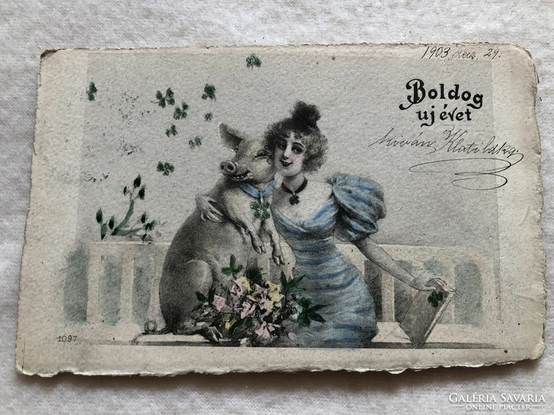 Antik, régi színezett hosszúcímzéses Újévi képeslap - 1903                                      -10.