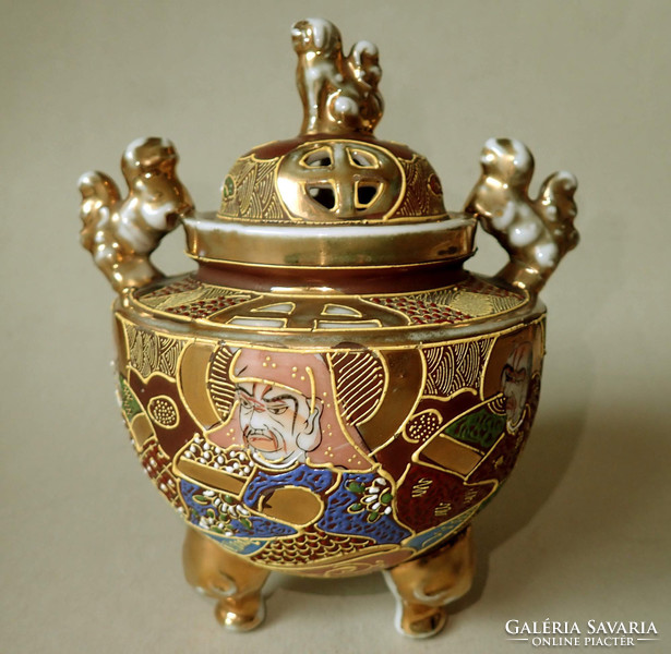 Very old antique vintage Japanese marked satsuma porcelain incense burner richly gilt enamelled