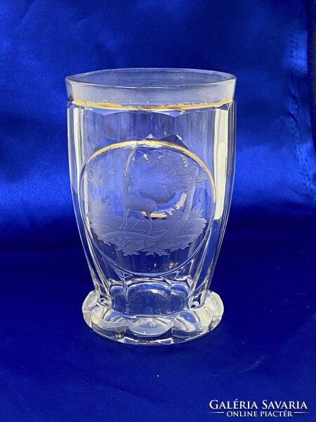 Antik bieder különleges formájú szarvas mintás aranyozott vadász üveg pohár  RZ