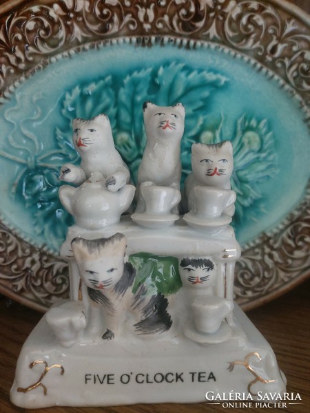 Cicák 5 órai teáznak - Régi, angol porcelán dísz teázó cicák, ritka darab