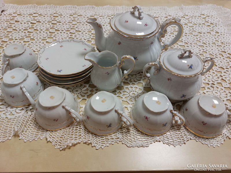 Zsolnay tea set, popular flower pattern, gold baroque edge