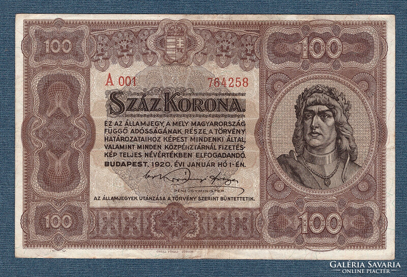100 Korona 1920 vf+ red numbering