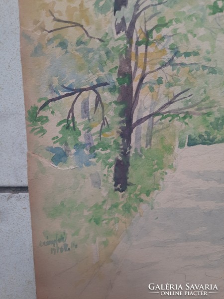 Sétány zöldellő fákkal, régi akvarell. Leányfalu 1986