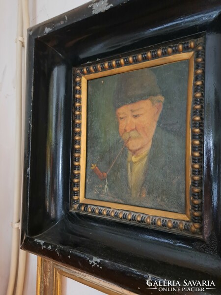 Man smoking a pipe, oil painting, original, in an interesting frame