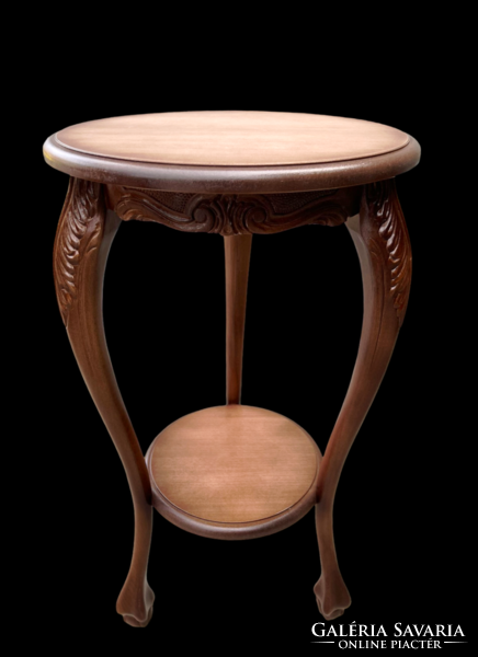 Antik stílusú faragott, fa posztamens kis két szintes kör alakú asztalka