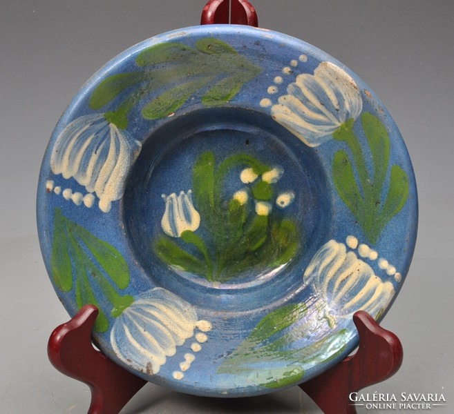 Erdélyi kék cserép mélytányér, Désháza, 100 éves.