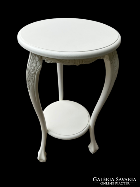Antik stílusú faragott, fa posztamens kis két szintes kör alakú asztalka