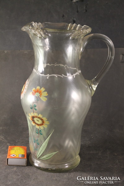 Antik 1800-as évekbeli kézzel festett szakított üveg kancsó 954