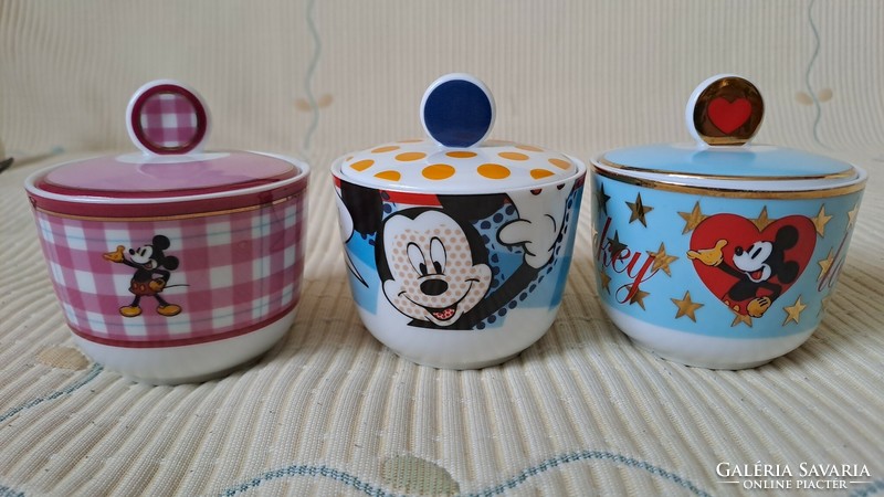 Sugar bowl and bonbonier ceramics with a Mickey mouse figure.