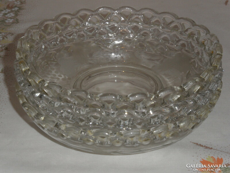 Retro áttört szélű üveg szőlő mintás tálka, tányér ( 3 db. )