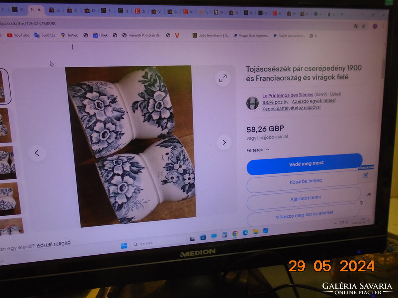 19.sz Saint-Amand manufaktúra Marie-Luise mintás fajansz COQUETIER DIABOLO tojástartó pohár 2 db