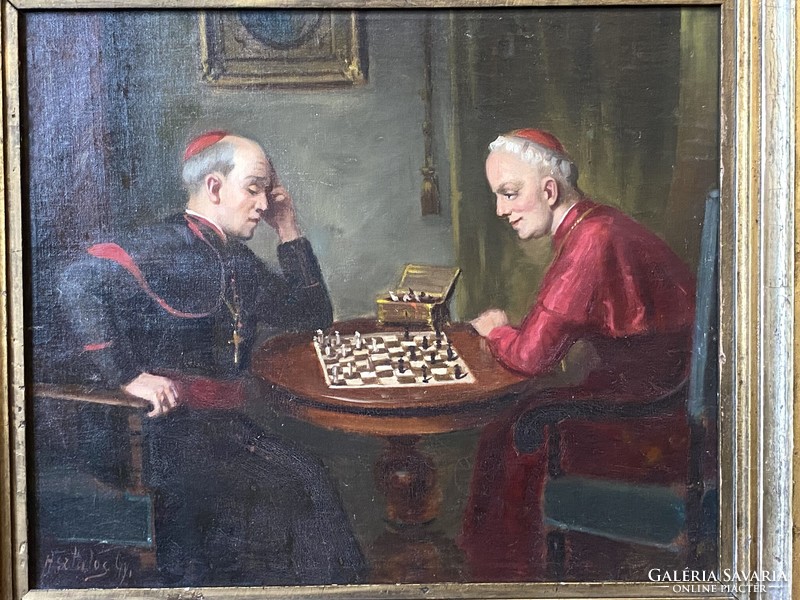 ASZTALOS GYULA (1900-1972) SAKKOZÓ BÍBOROS PAPOK OLAJ VÁSZON FESTMÉNY SZÉLES FA KERETBEN
