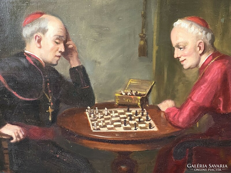 ASZTALOS GYULA (1900-1972) SAKKOZÓ BÍBOROS PAPOK OLAJ VÁSZON FESTMÉNY SZÉLES FA KERETBEN