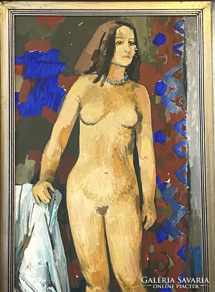 B SÉDAY MÁRIA (1925-2009) NŐI AKT JELZETT OLAJ FAROST RETRO FESTMÉNY SZÉLES EZÜST SZÍNŰ FA KERETBEN
