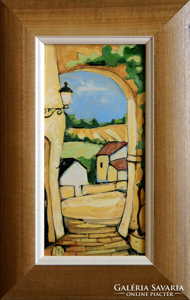 Fehér Margit: Kapualj - tűzzománc - keretezve 27x17cm - alkotás 20x10cm - FM24/806